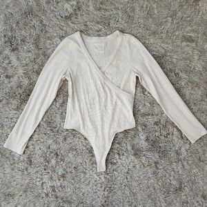 Aerie Long Sleeve Ribbed Surplice Bodysuit In Beige‎ Women's Size Large